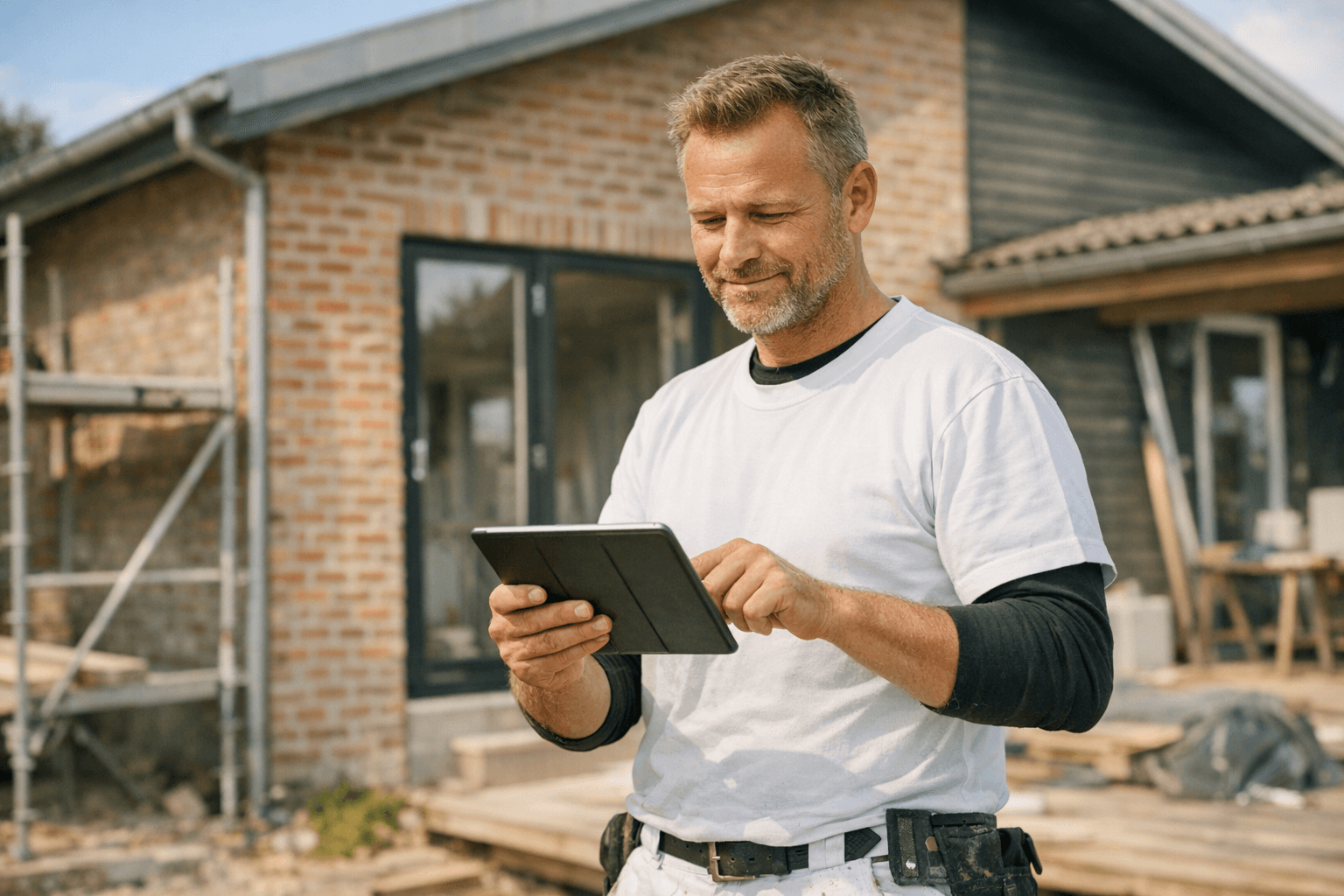 Professionel håndværker bruger tablet på byggeplads