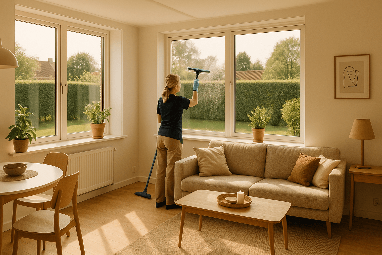 Lyst skandinavisk hjem med professionel vinduespudsning og velplejet dansk have i baggrunden