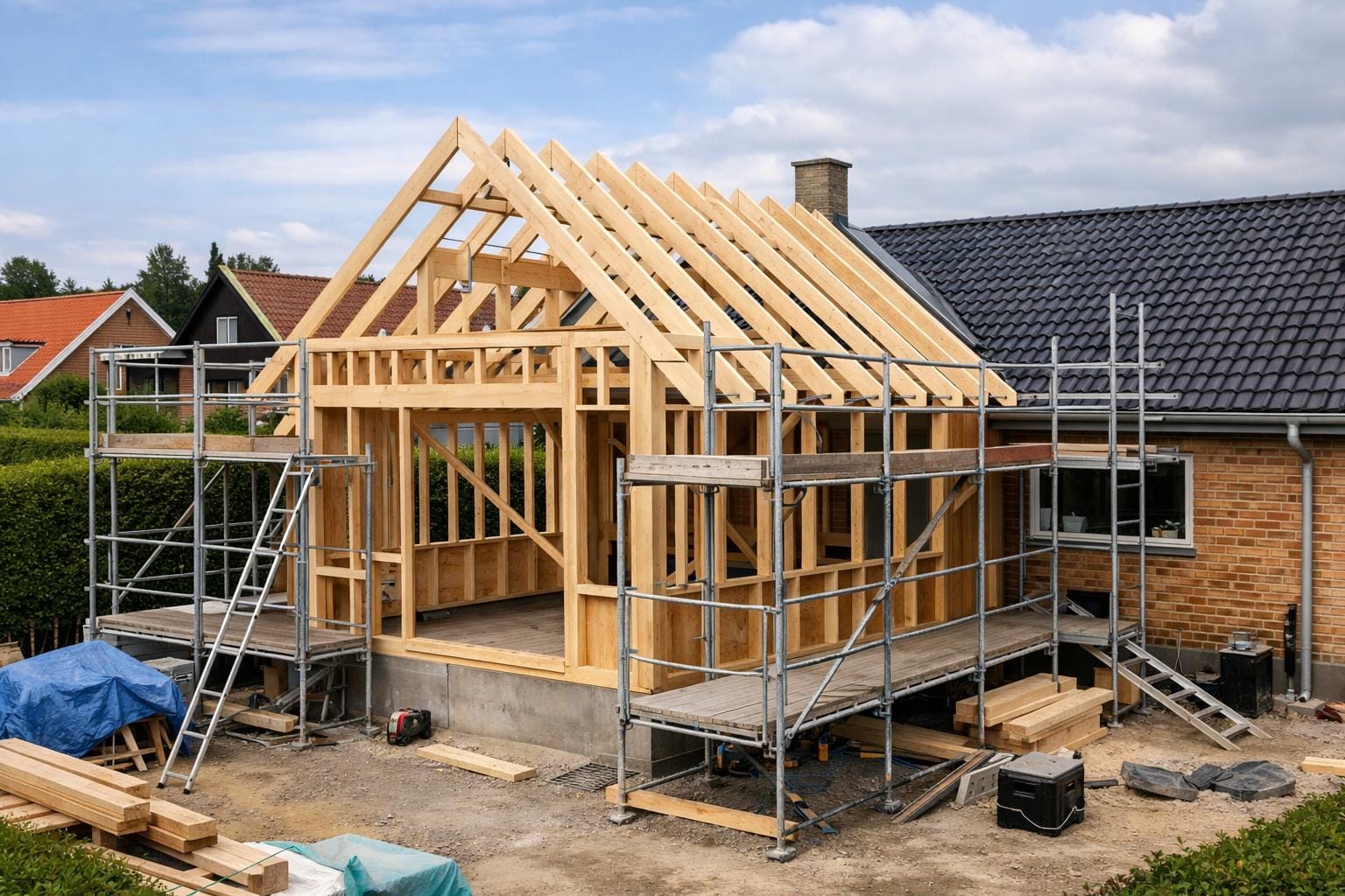 Tilbygning under opførelse med professionelle håndværkere