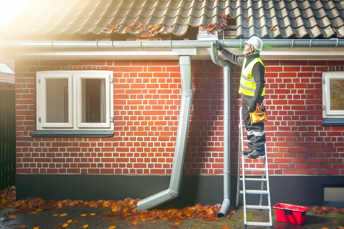 Håndværker inspicerer tagrender på dansk villa