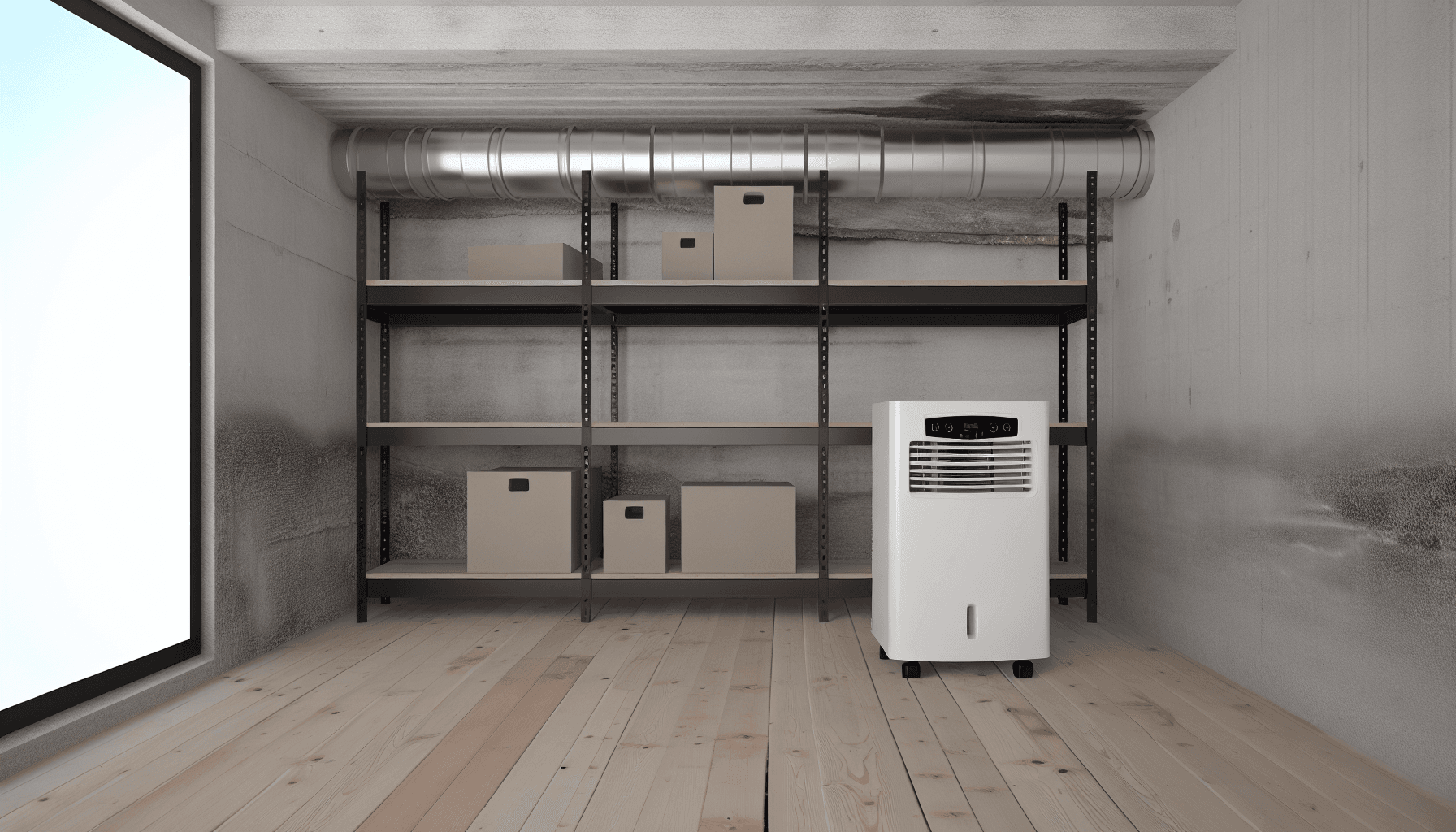 Moderne affugter i dansk kælder med opbevaring
