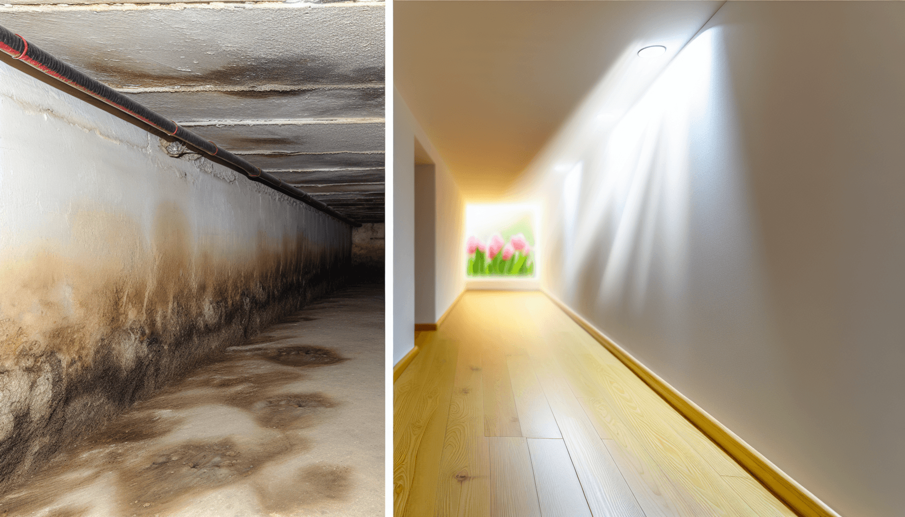 Før og efter billede af kælder med affugter