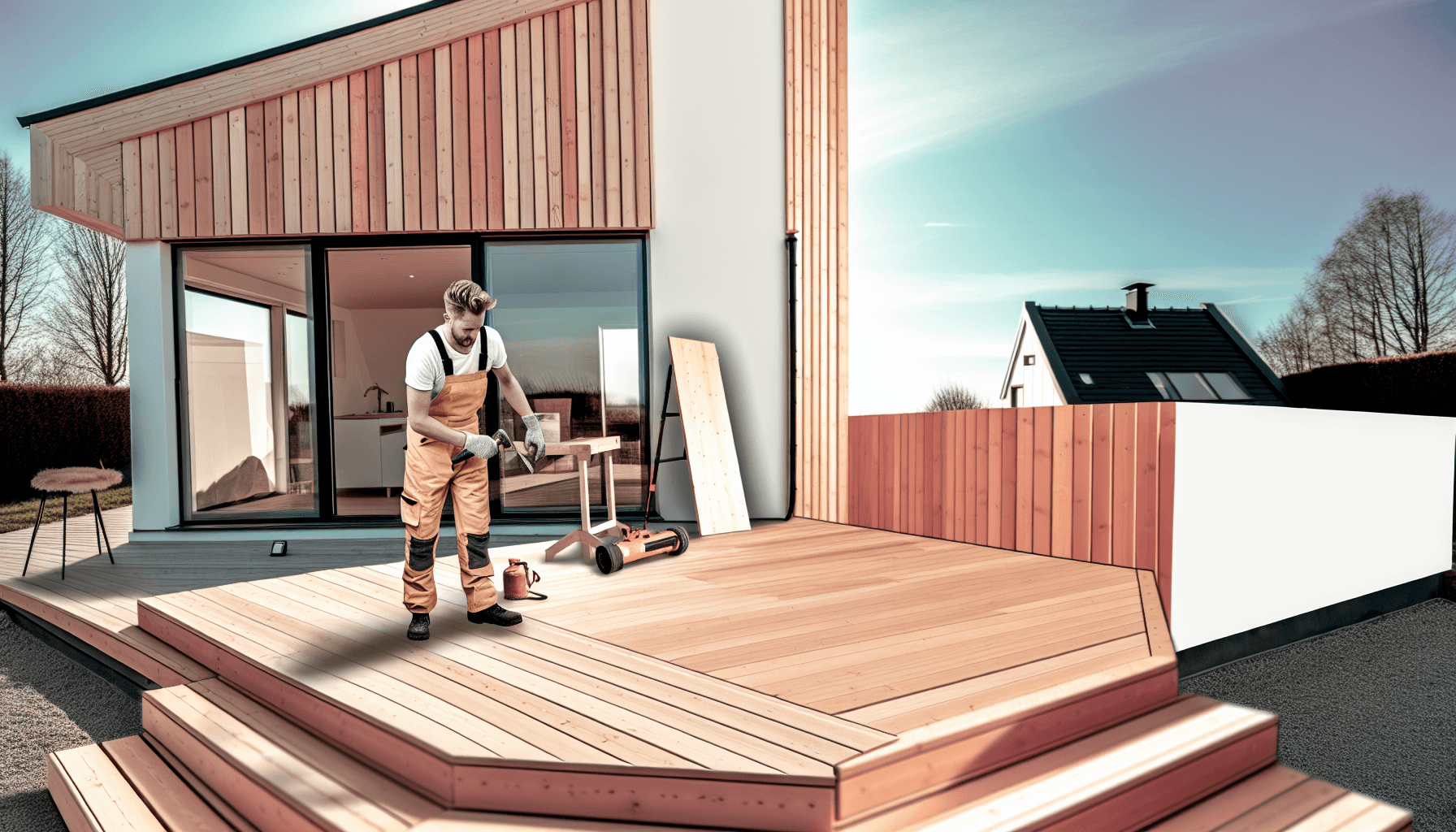 Moderne dansk altan med håndværker der arbejder