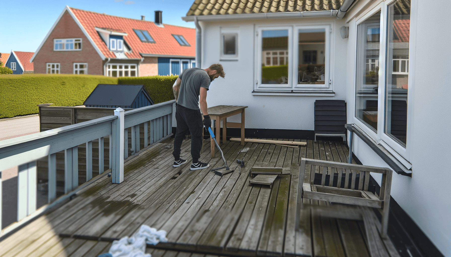 Boligejer der forbereder altan til renovering