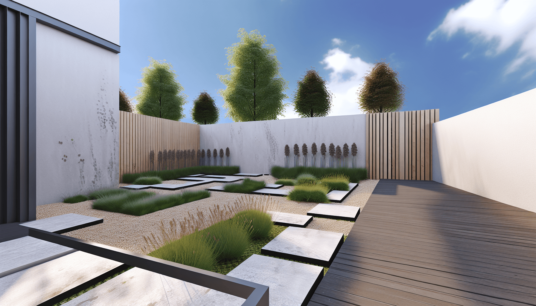 Moderne dansk designhave med geometriske former og minimalistisk plantning