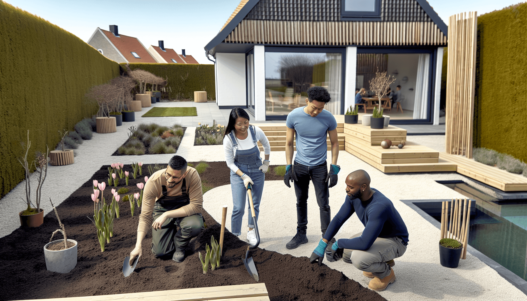 Anlægsgartner team i arbejde med terrænmodellering og plantning