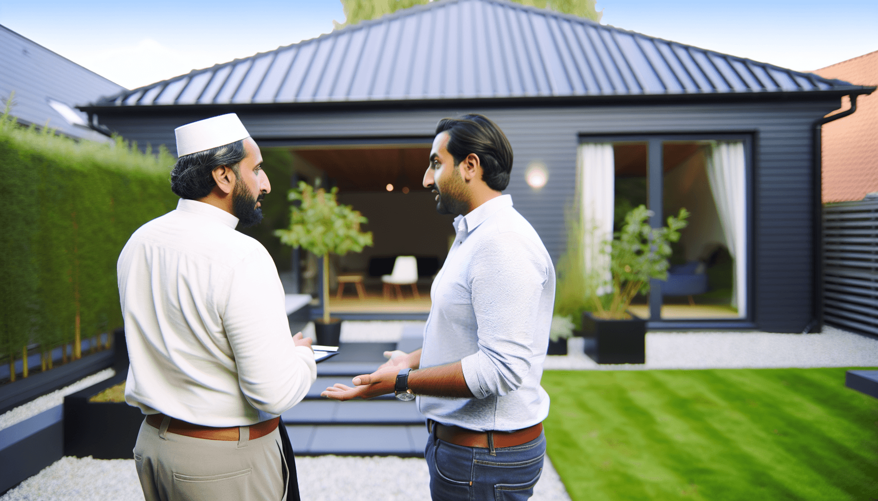 Professionel anlægsgartner i samtale med husejer foran smukt haveprojekt