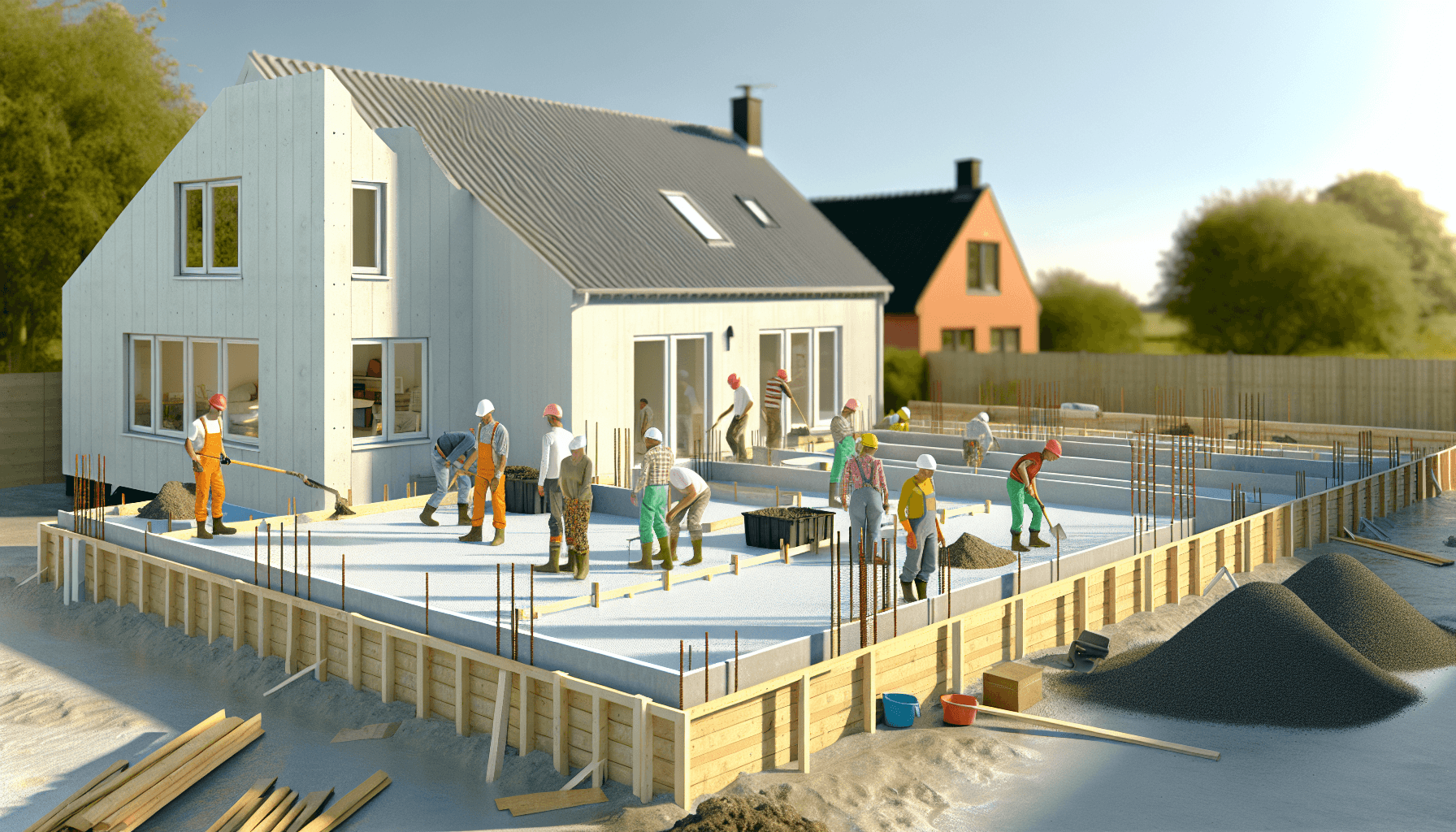 Håndværkere arbejder på anneks fundament