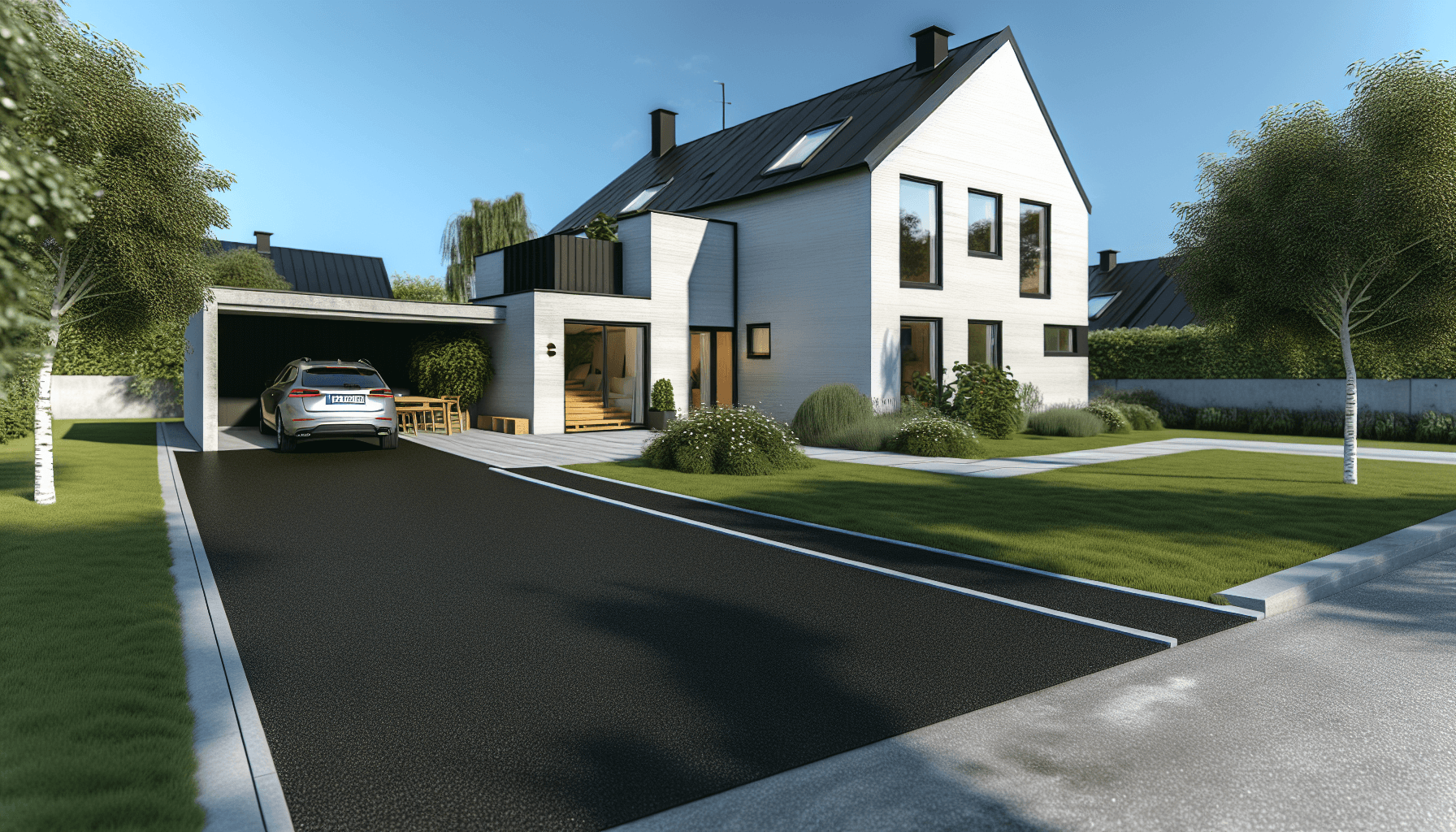 Moderne villa med nylagt asfalt indkørsel og bil parkeret