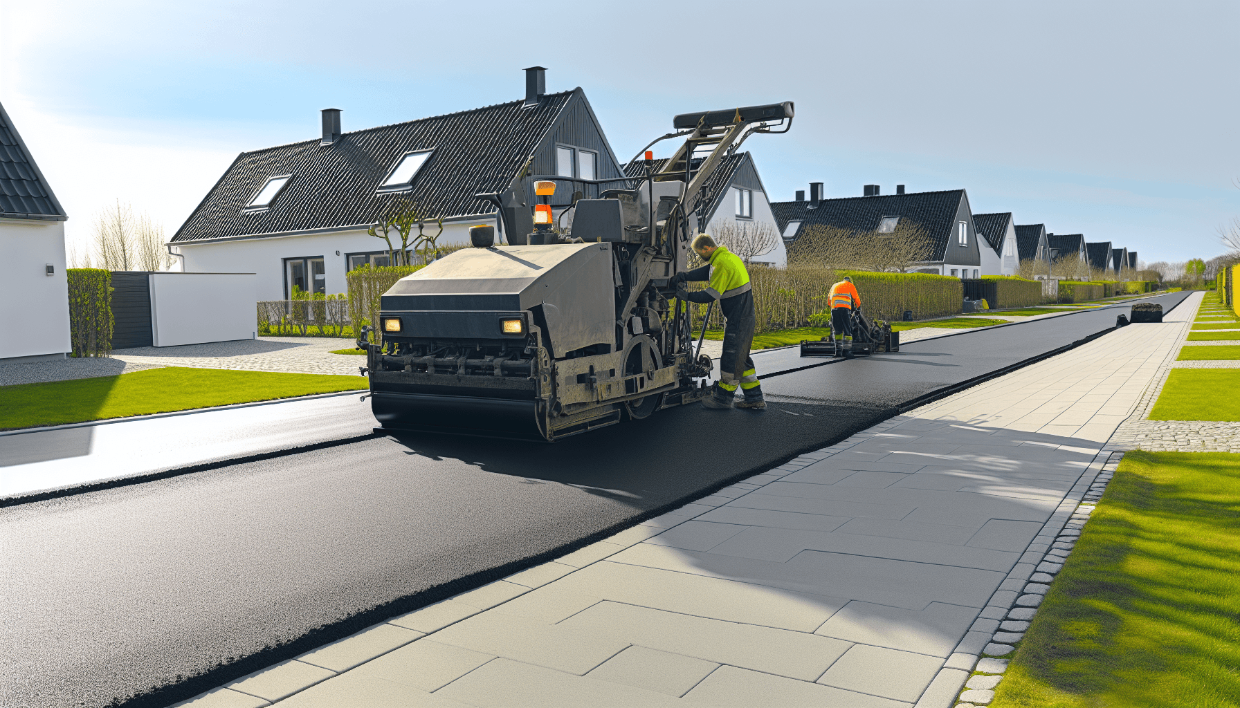 Asfaltmaskine i arbejde på dansk indkørsel med arbejdere