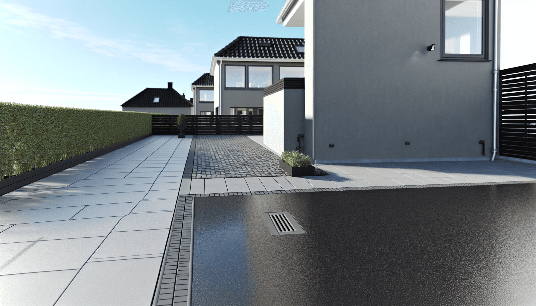 Færdig asfalt indkørsel med kantsten og afvanding