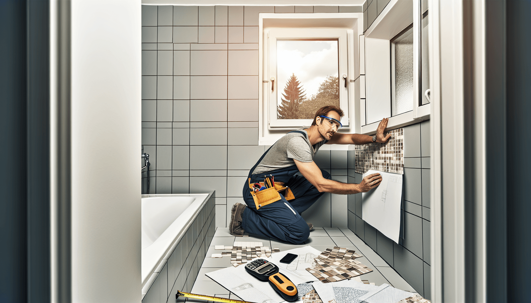 Håndværker måler og planlægger fliseprojekt