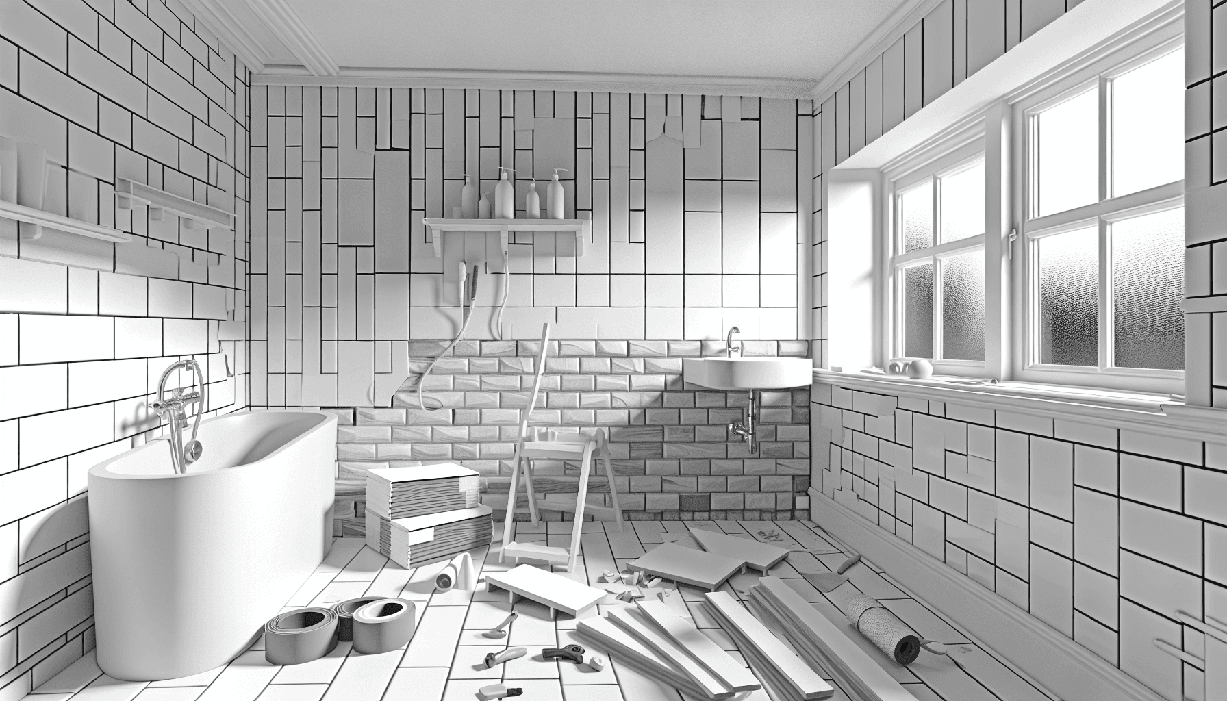 Moderne dansk badeværelse under renovering med værktøj