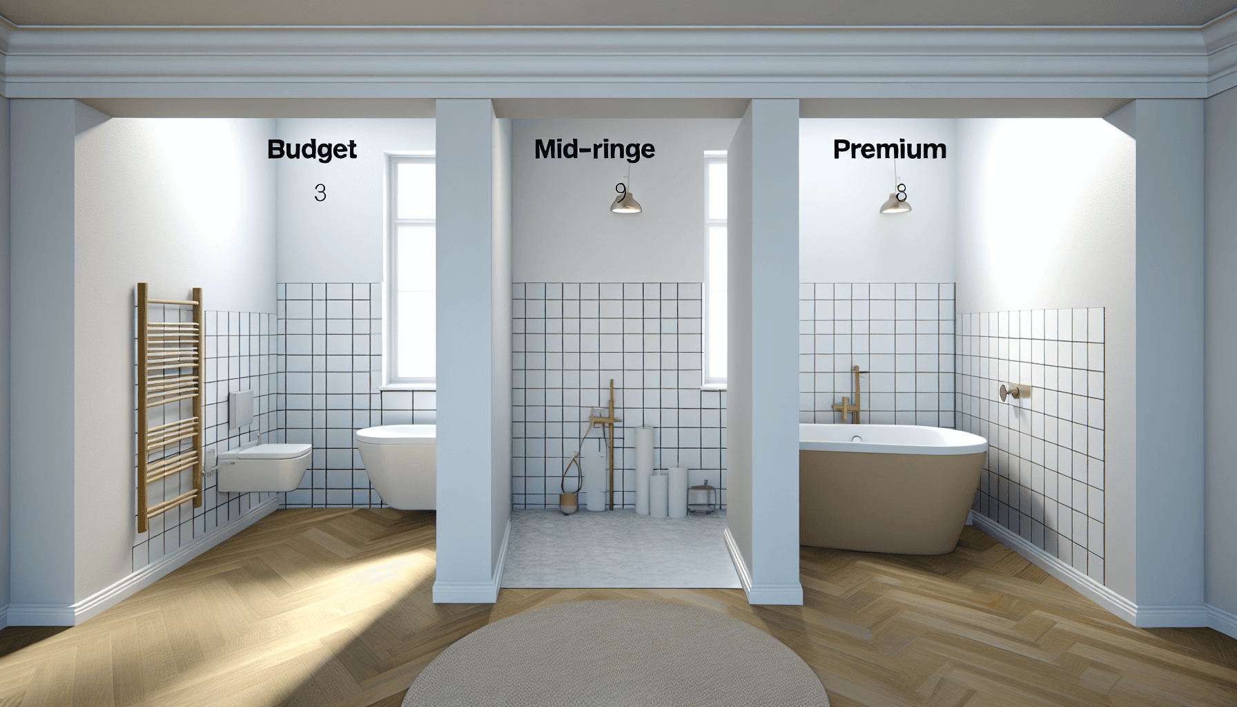 Sammenligning af tre forskellige badeværelser i forskellige prisklasser
