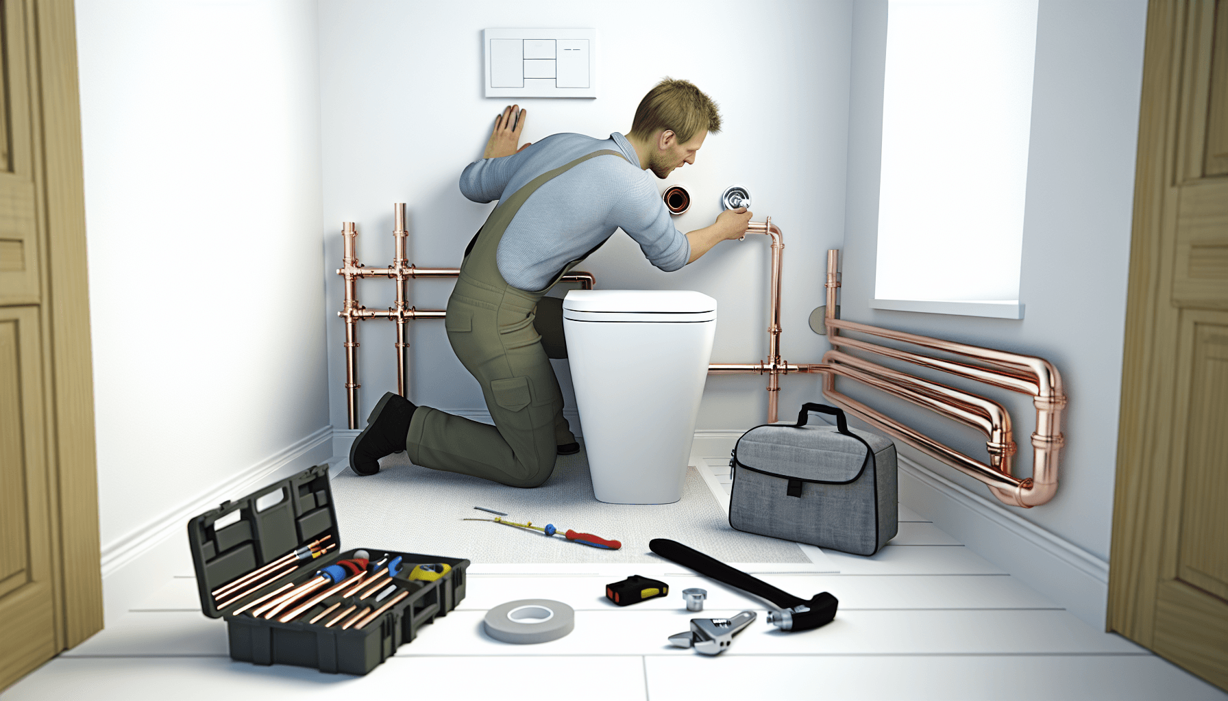 Håndværker installerer VVS i badeværelse