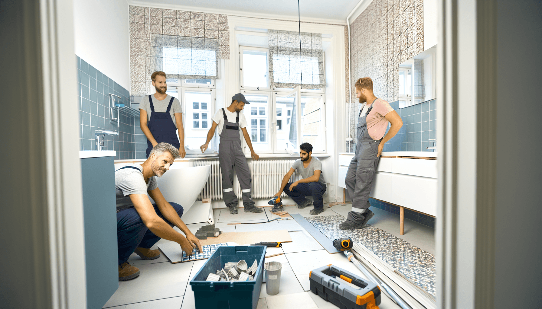 Håndværkerteam arbejder på badeværelse