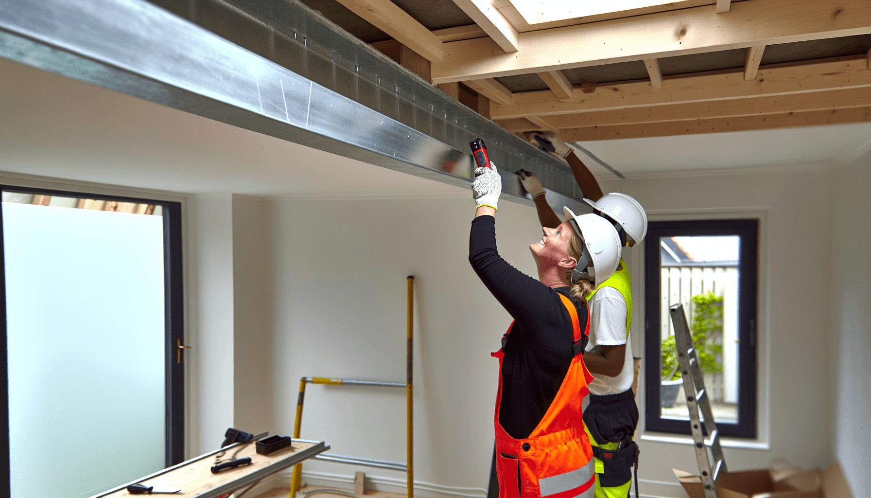 Håndværkere installerer stålbjælke i loft