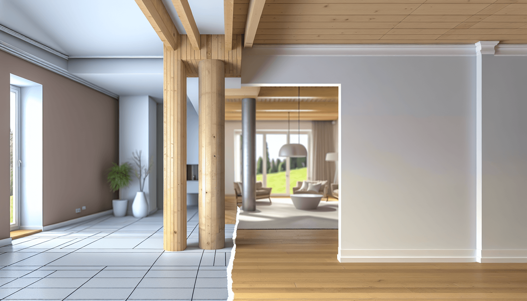 Moderne dansk stue med elegant træsøjle hvor bærende væg var