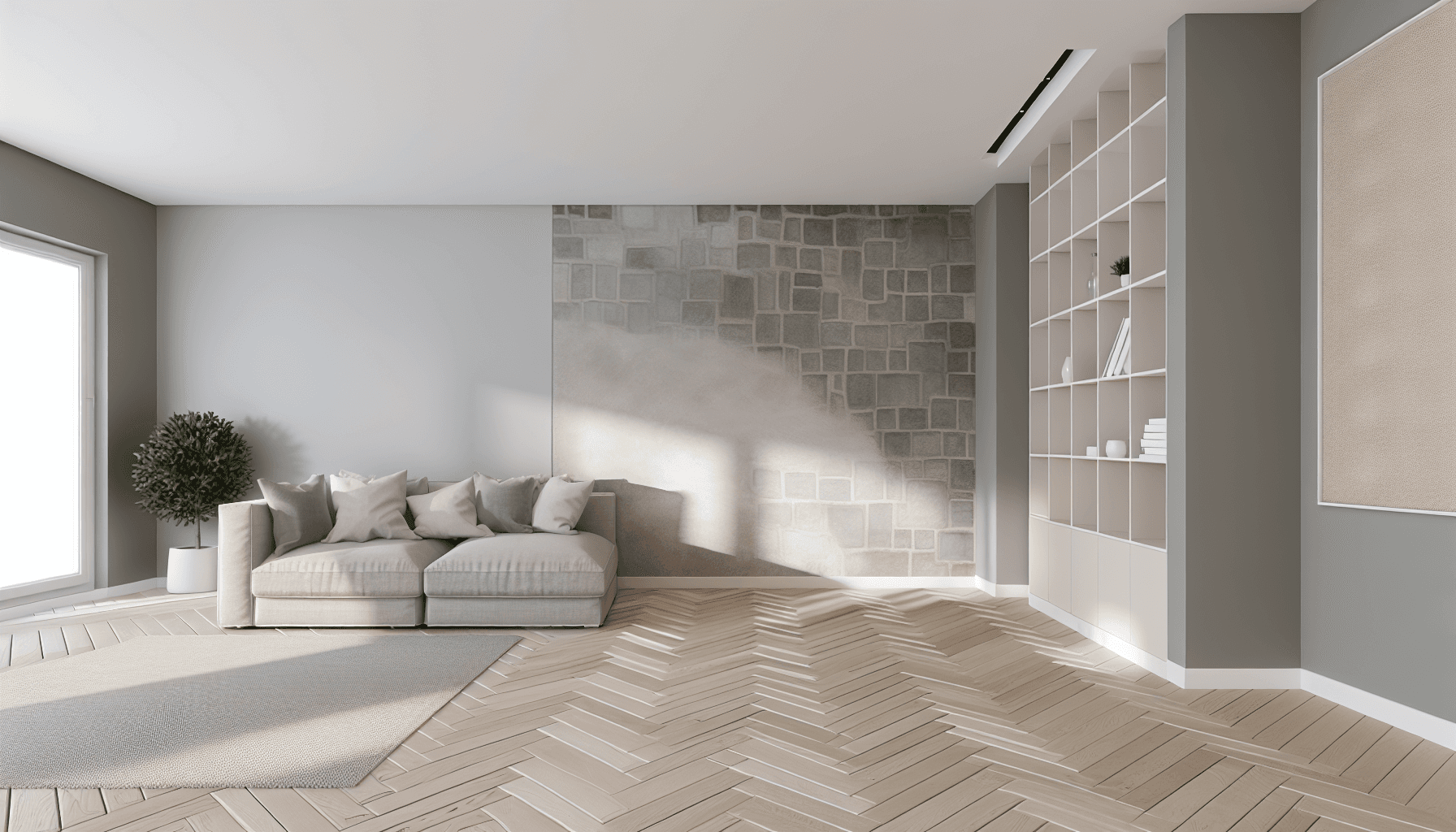 Moderne stue med forskellige gulvbelægninger vist i separate zoner