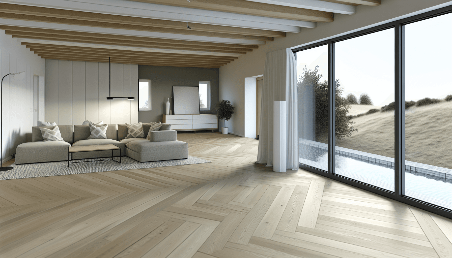 Nylagt eg parket i dansk villa stue med moderne indretning