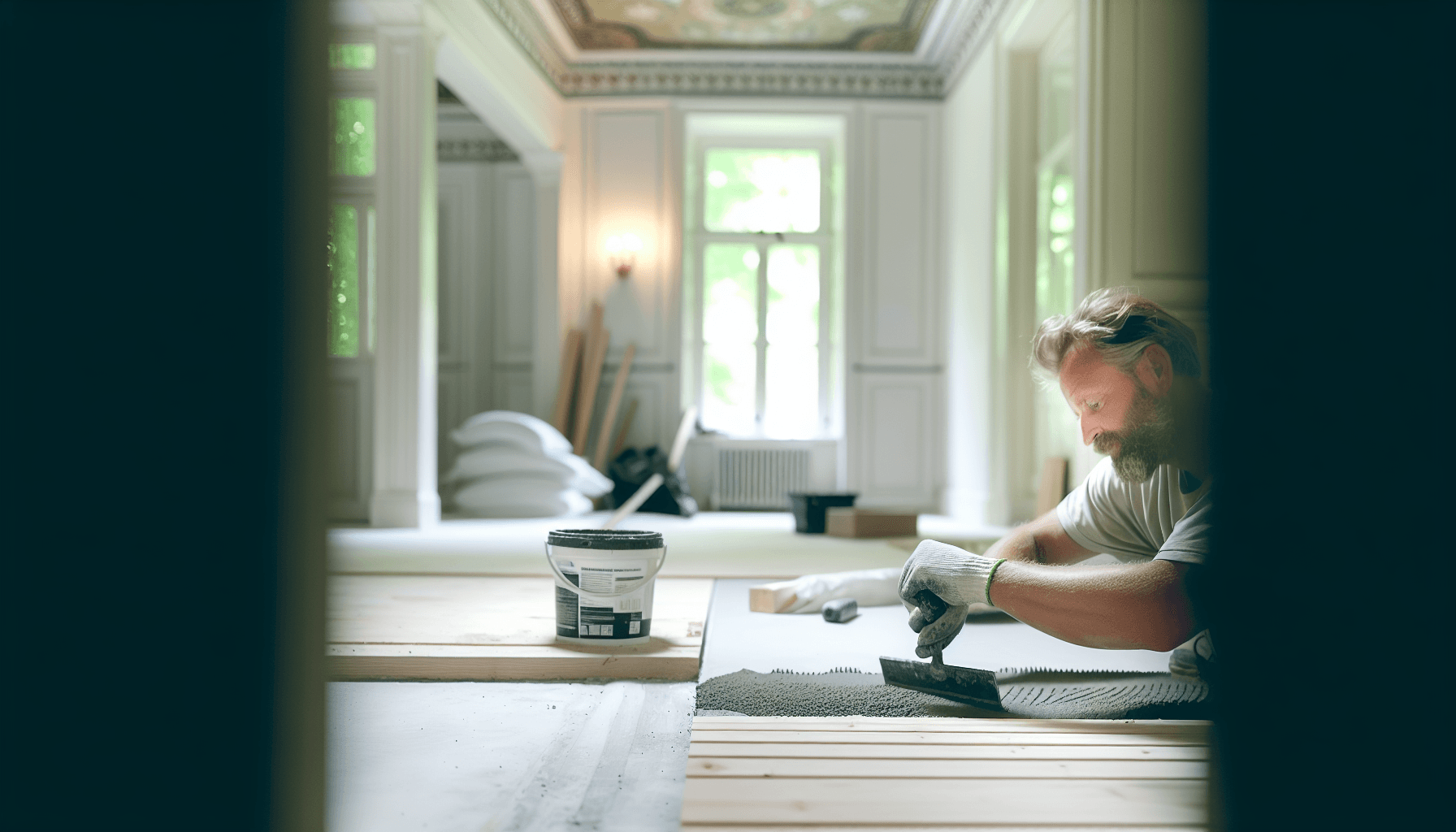 Håndværker der forbereder undergulv med spartelmasse