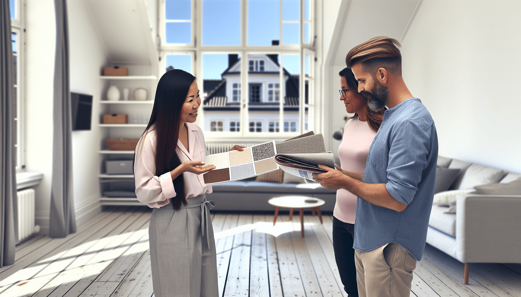 Professionel gulvlægger der viser materialeprøver til danske boligejere