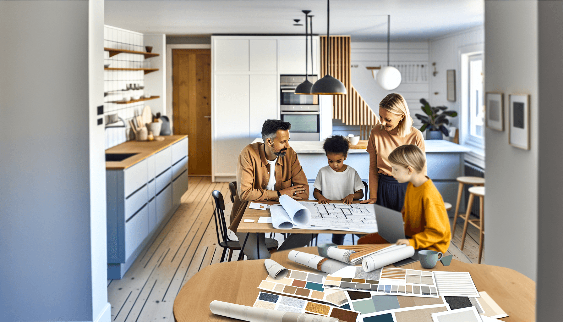 Moderne dansk familie planlægger boligrenovering ved køkkenbordet med tegninger og computer