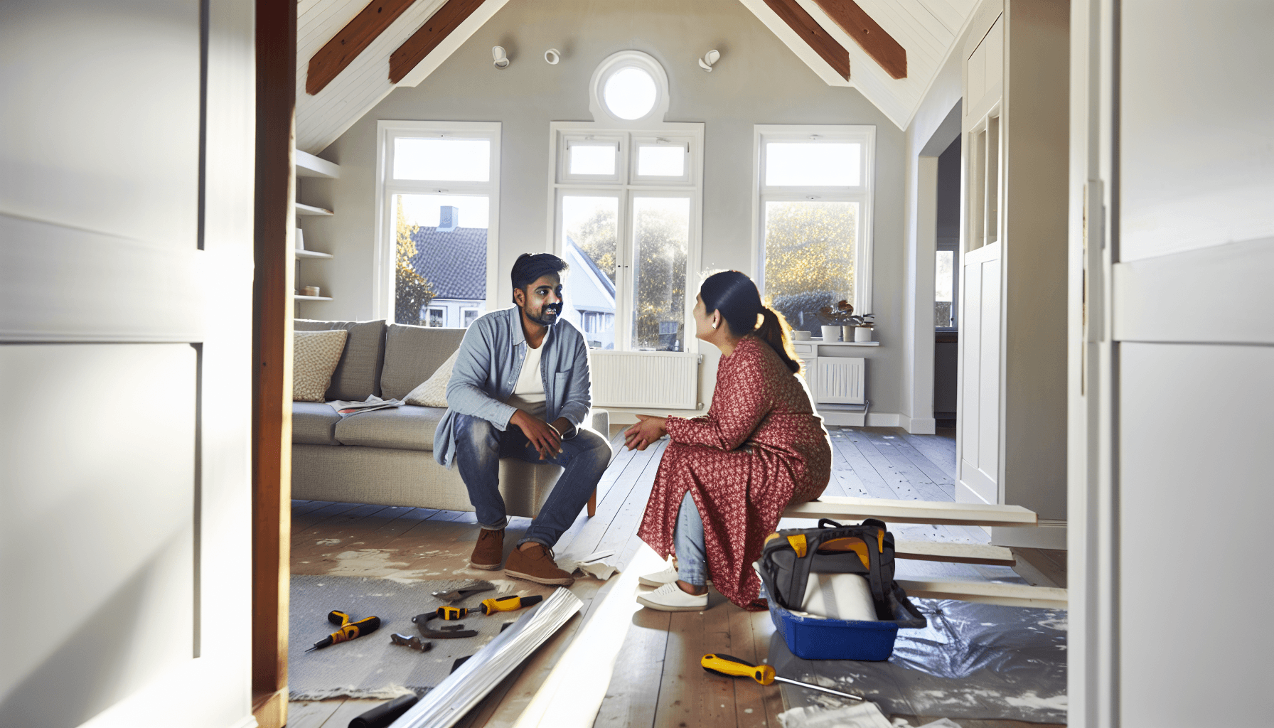 Dansk boligejer inspicerer renoveringsprojekt med professionel håndværker