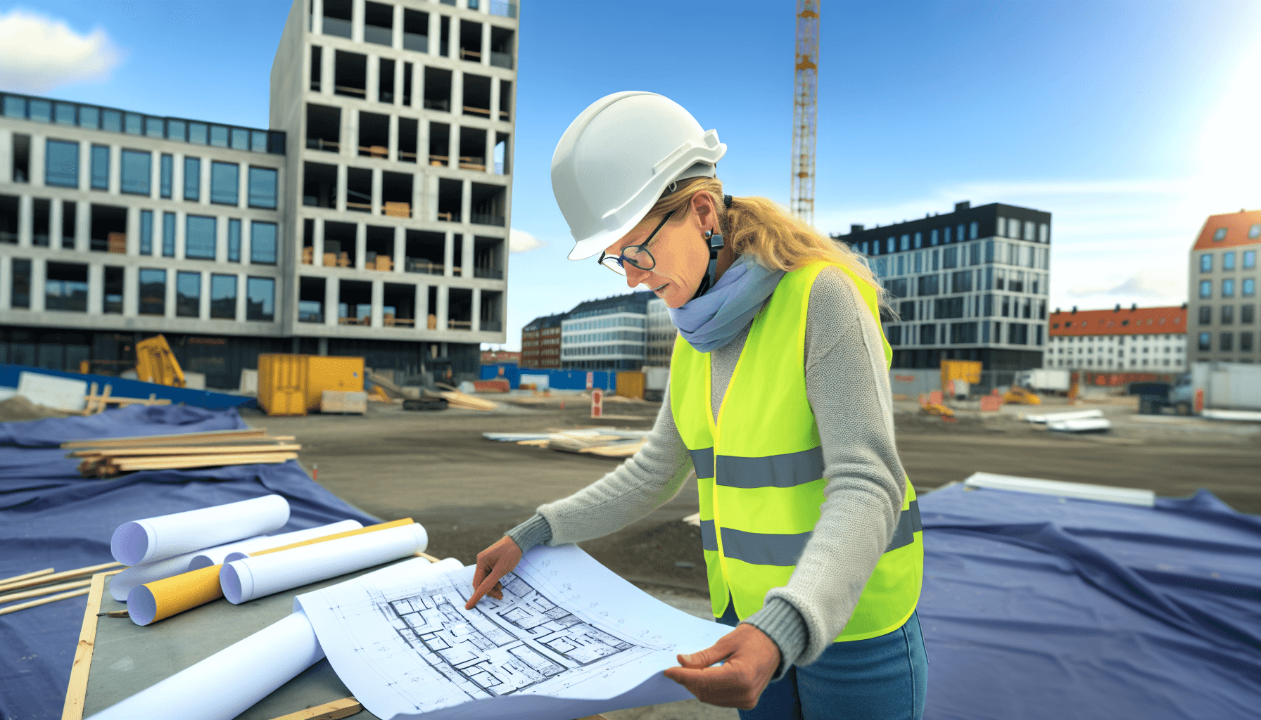 Dansk bygningssagkyndig gennemgår byggetegninger på byggeplads