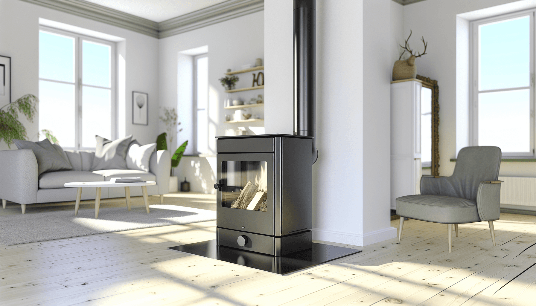 Modern brændeovn i dansk stue med prisguide