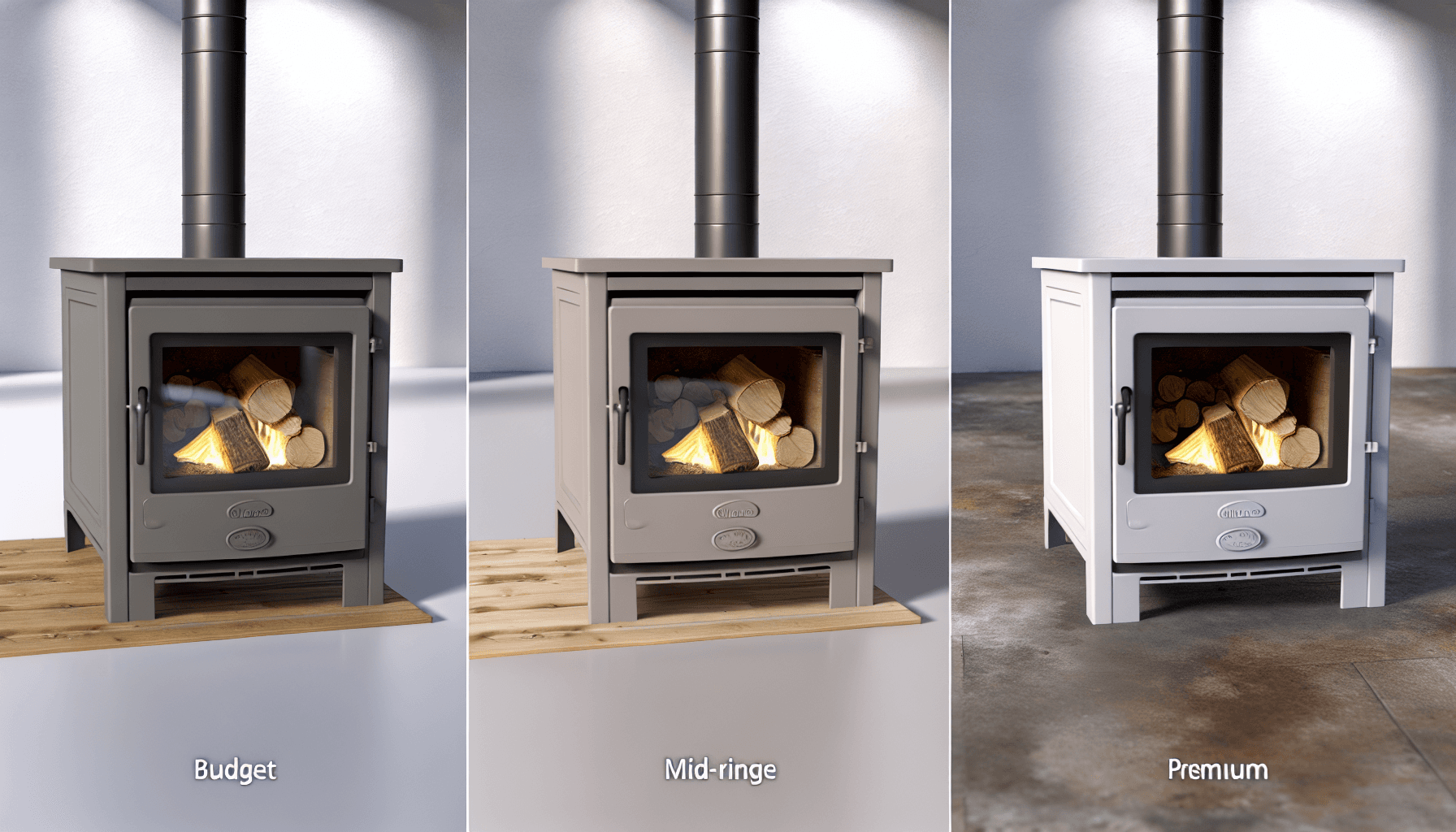 Tre forskellige brændeovne i forskellige prisklasser