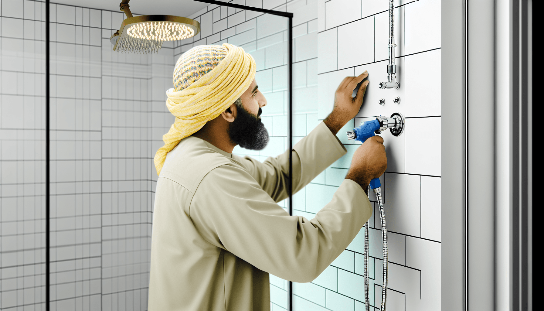 VVS-håndværker installerer bruseniche i dansk badeværelse