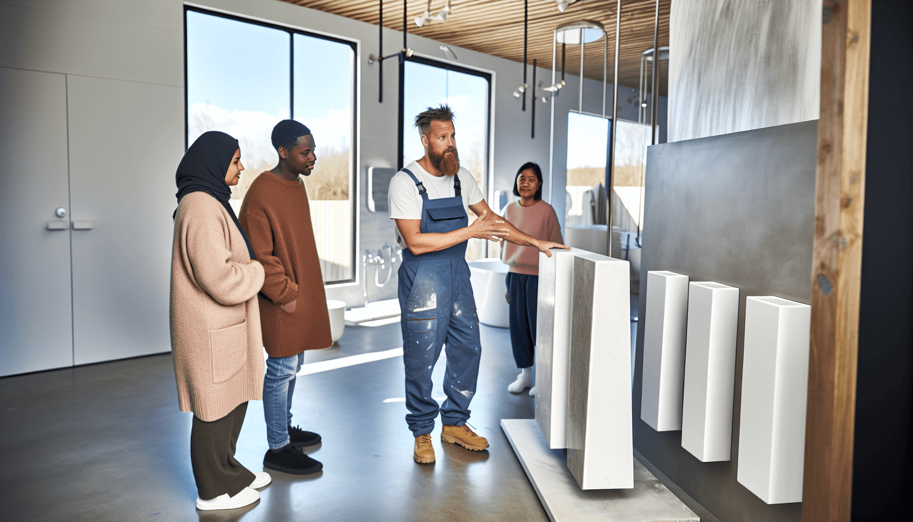 Håndværker viser forskellige bruseniche designs til familie