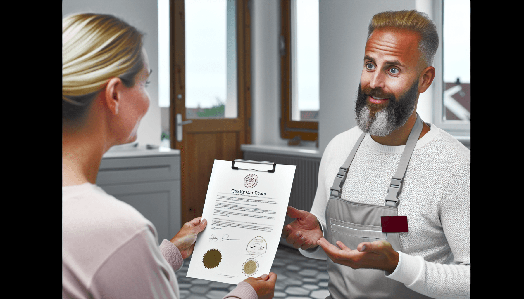 Professionel håndværker viser kvalitetscertifikater til kunde