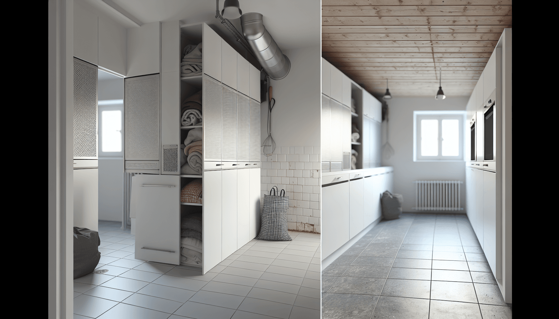 Før og efter billede af bryggersrenovering med tydelig forbedring