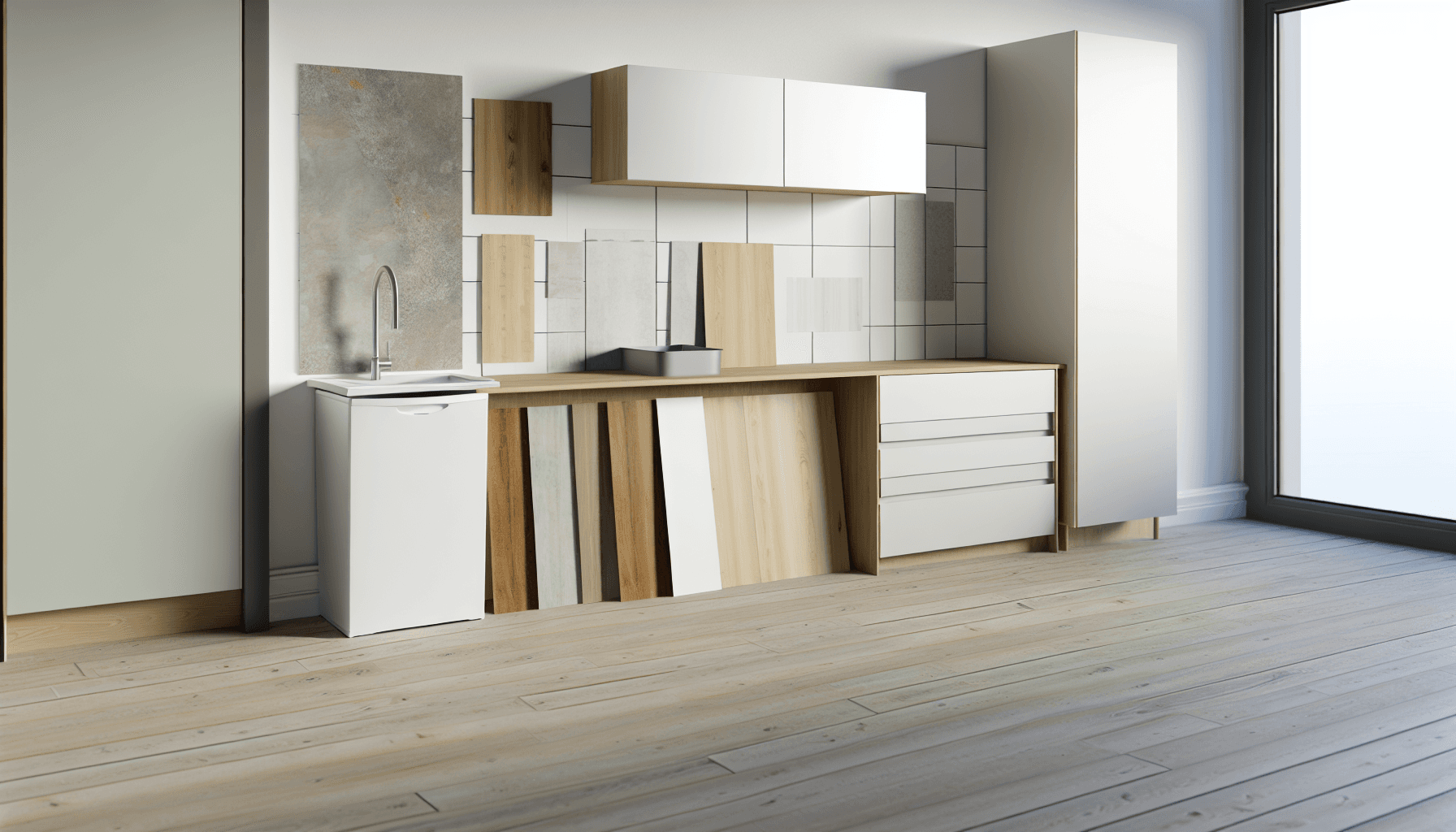 Forskellige materialemuligheder for bryggersindretning vist side om side