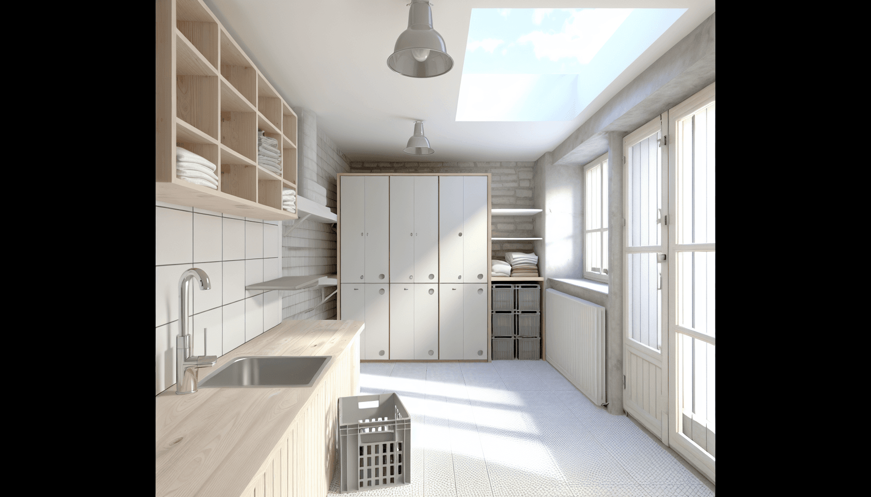 Velvedligeholdt bryggersrum der viser korrekt rengøring og organisation