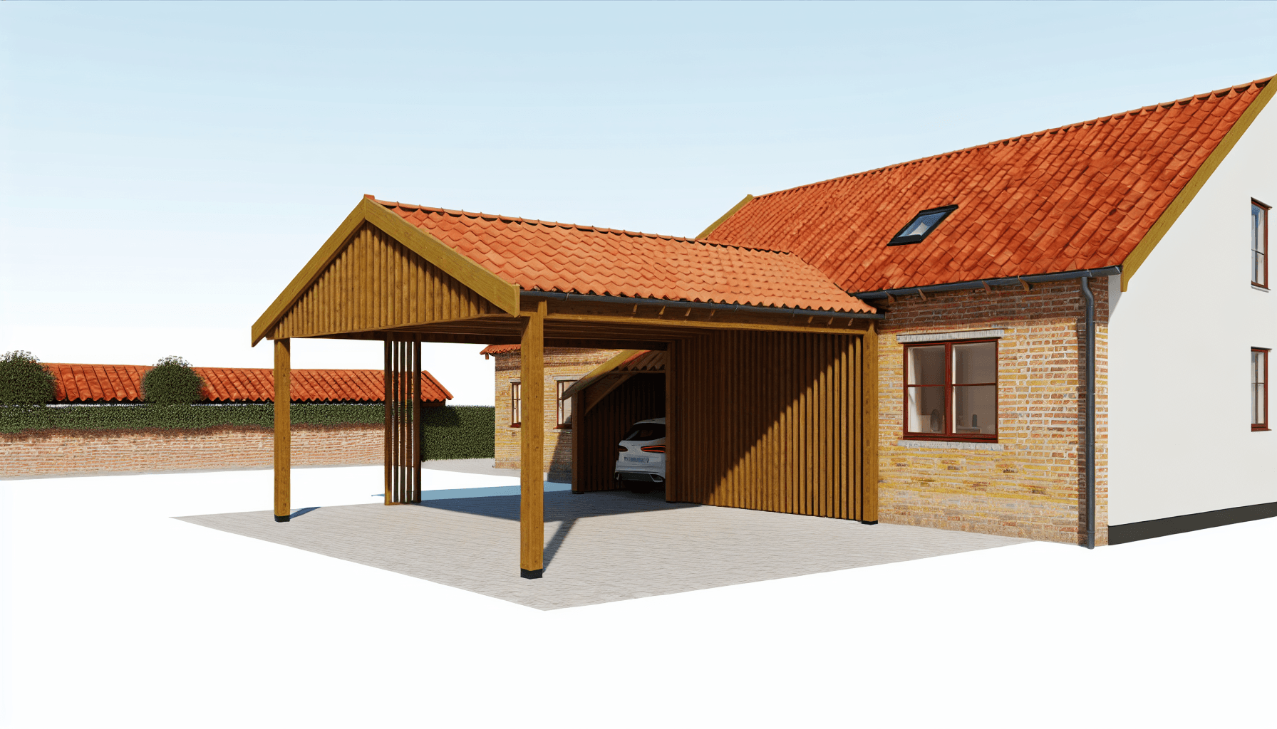 Moderne træcarport ved dansk villa med teglstensfacade