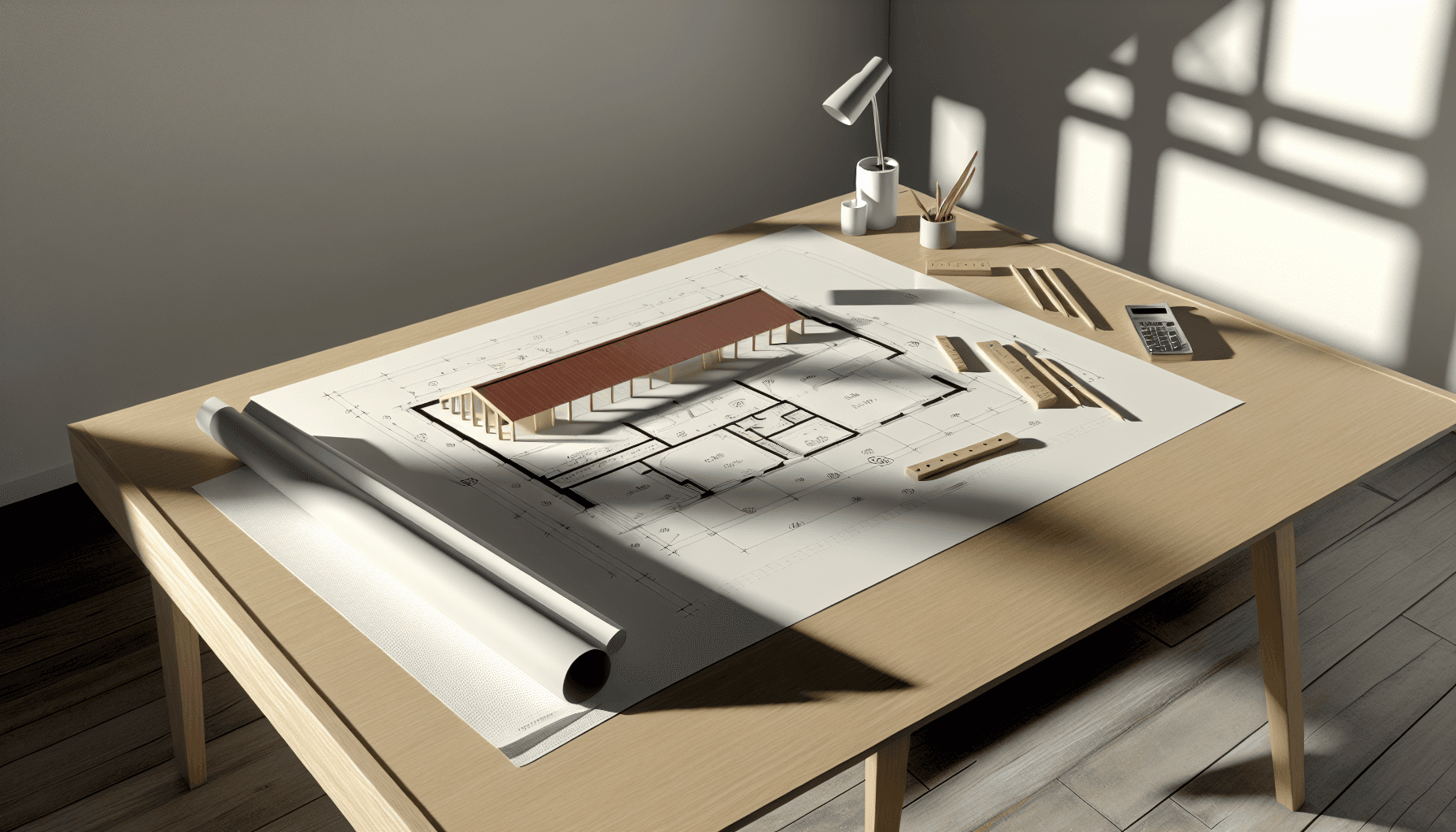 Byggetegning af carport med målsatte dimensioner på arkitektbord