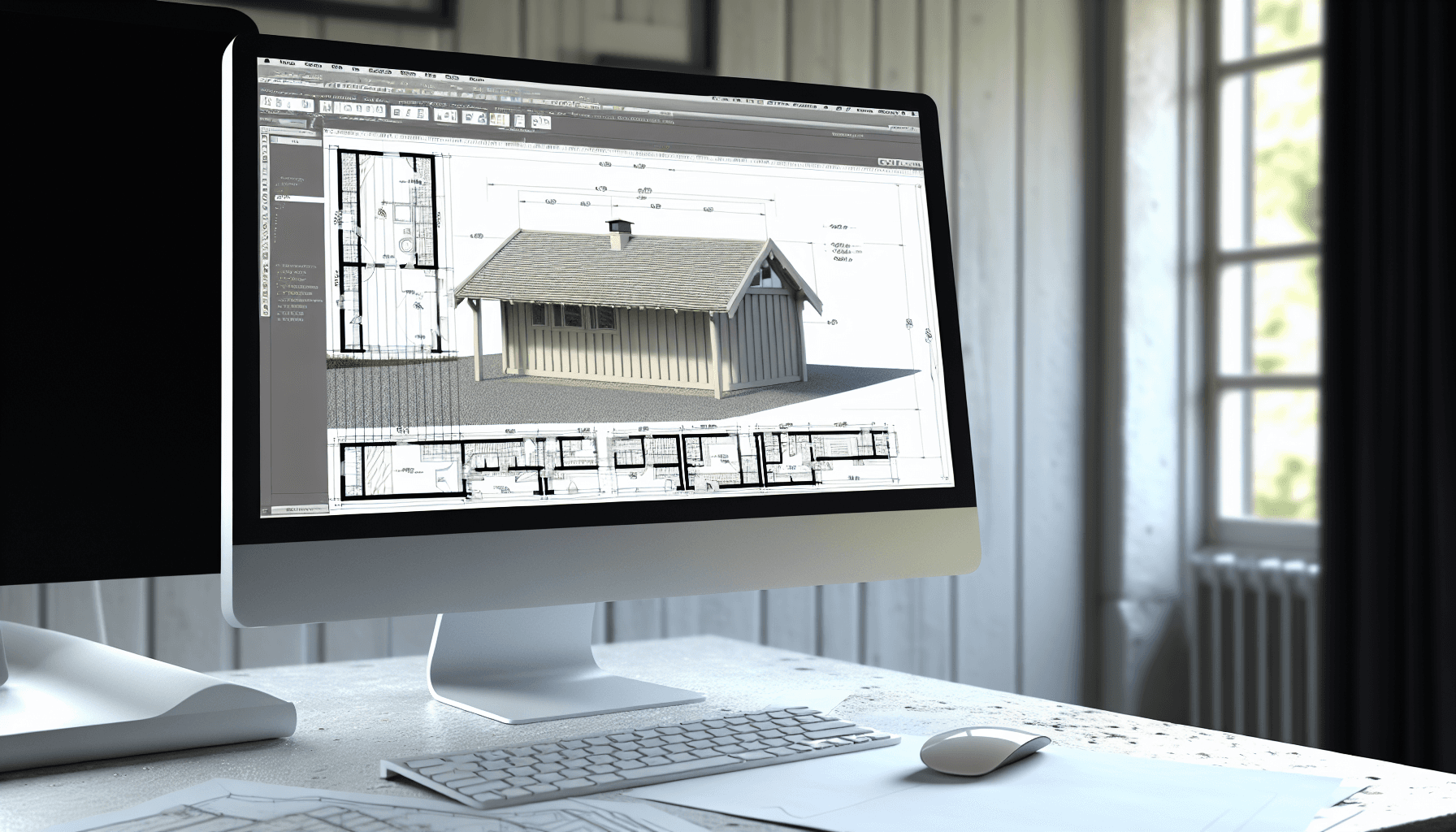 Professionelle carporttegninger med snit og facader på computer