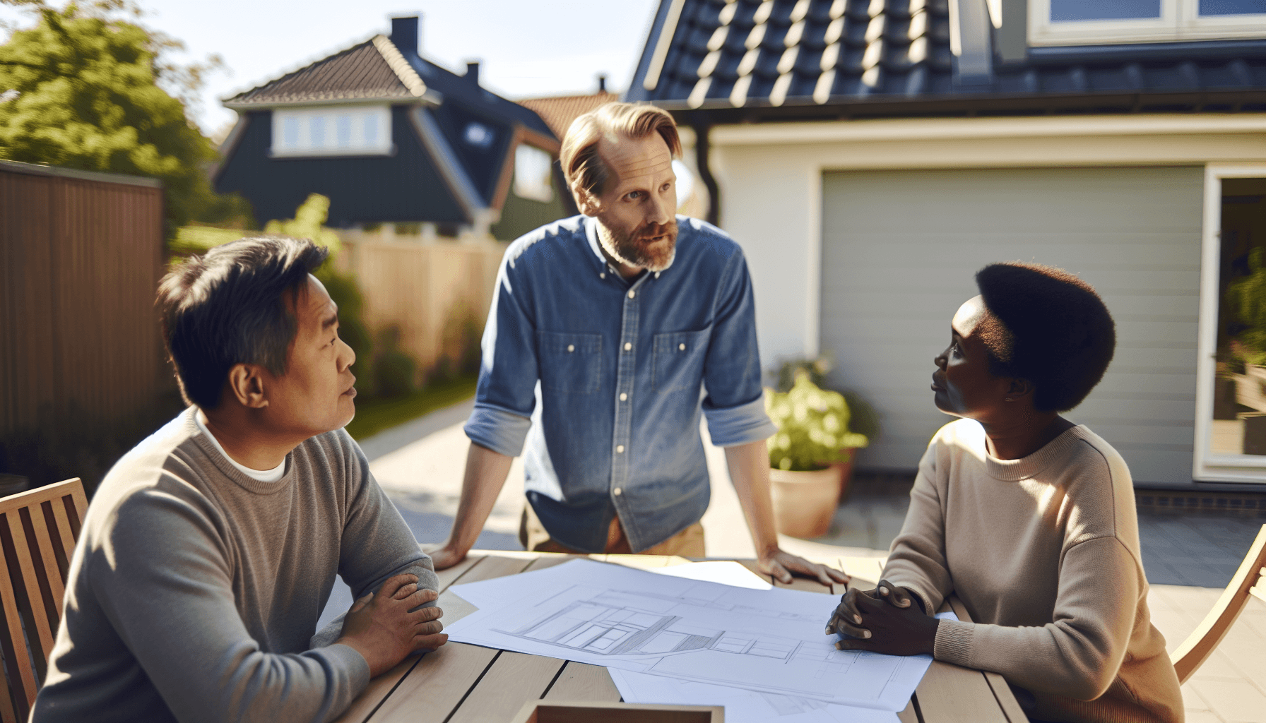 Dansk tømrer diskuterer carport-projekt med boligejere