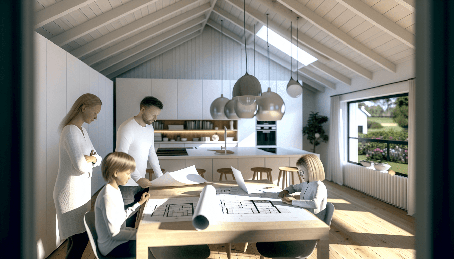 Familie studerer byggetegninger ved køkkenbordet i dansk hjem