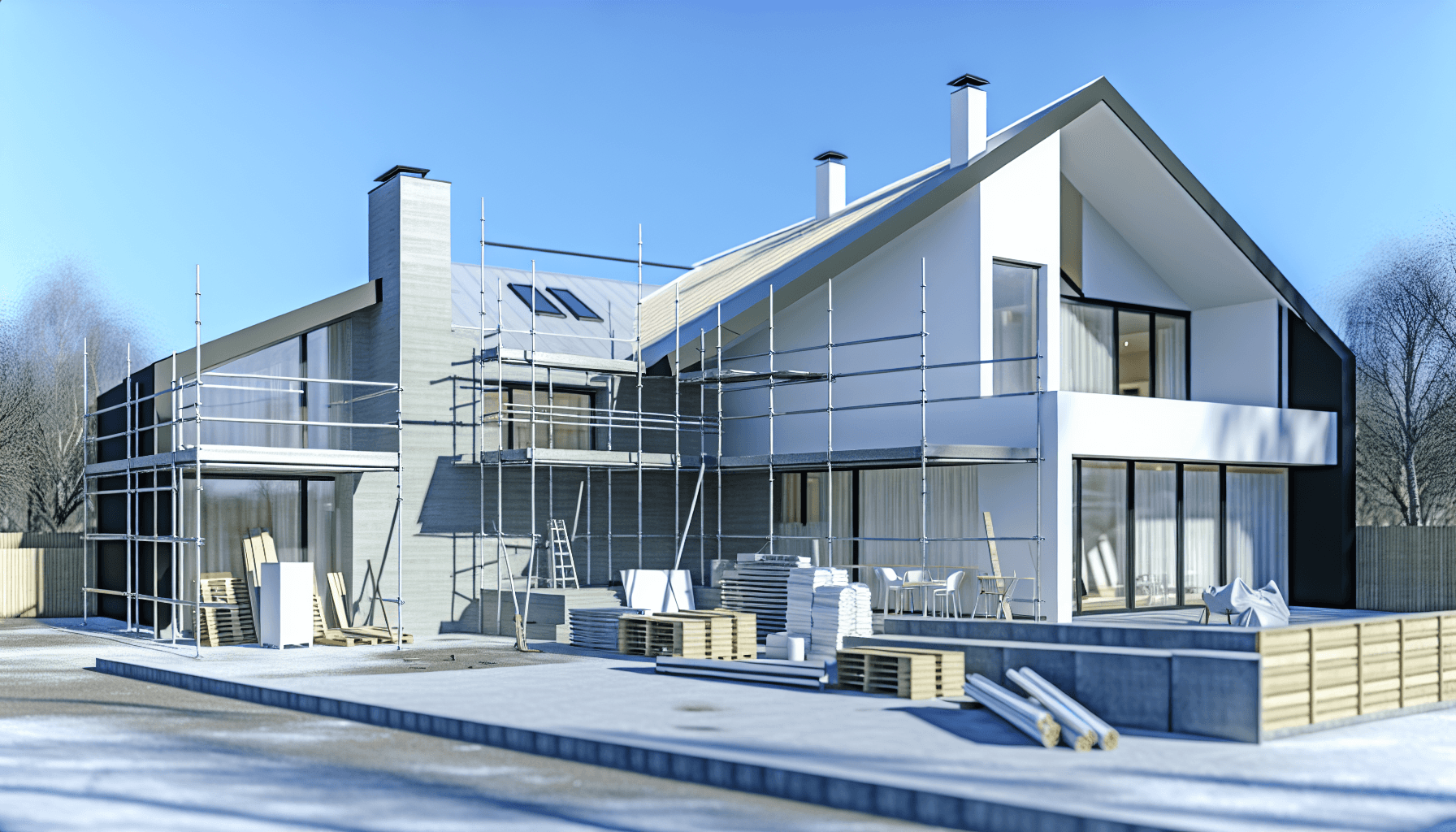 Moderne dansk villa med tilbygning under construction