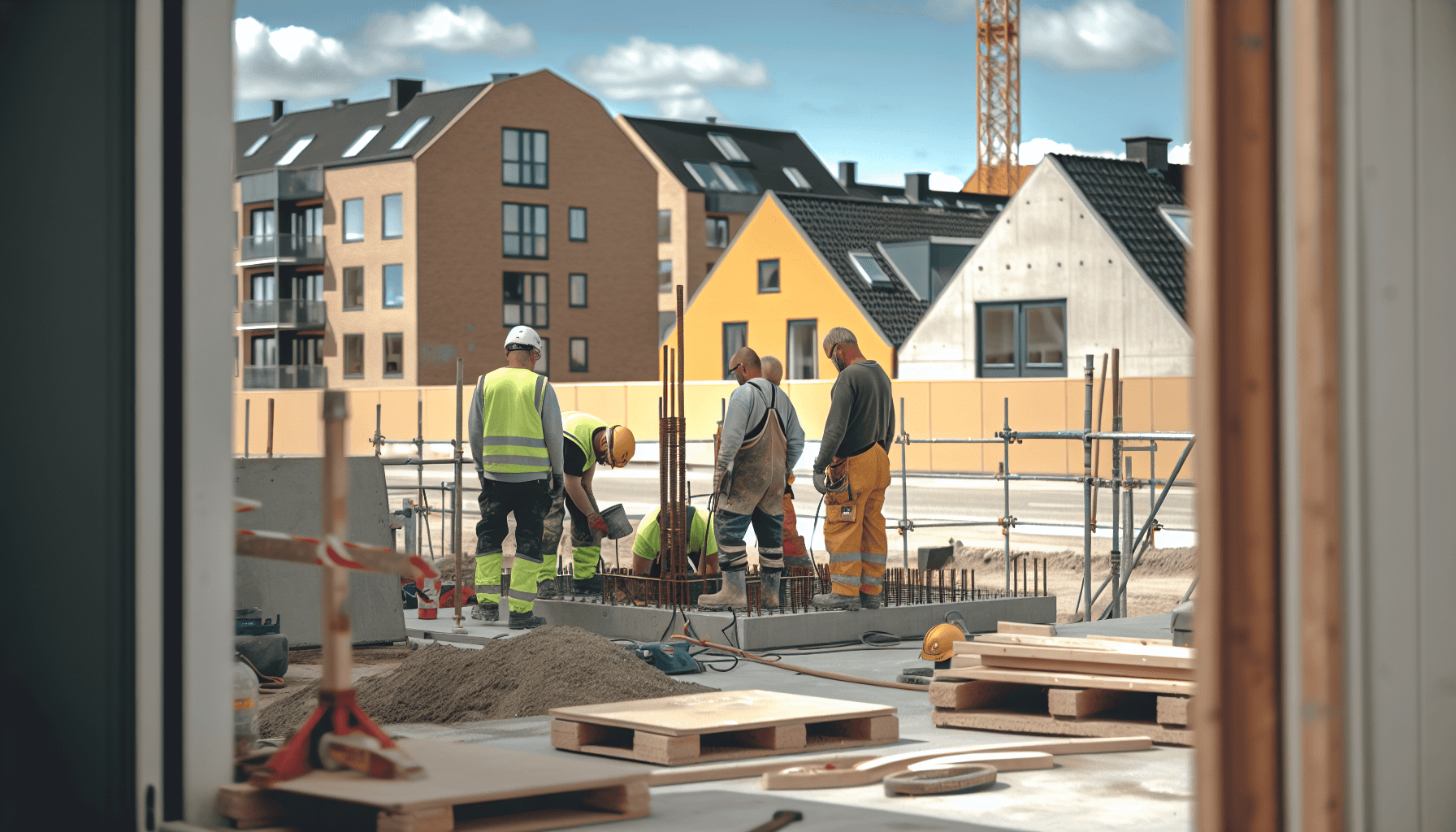 Moderne dansk byggeplads med håndværkere i arbejde