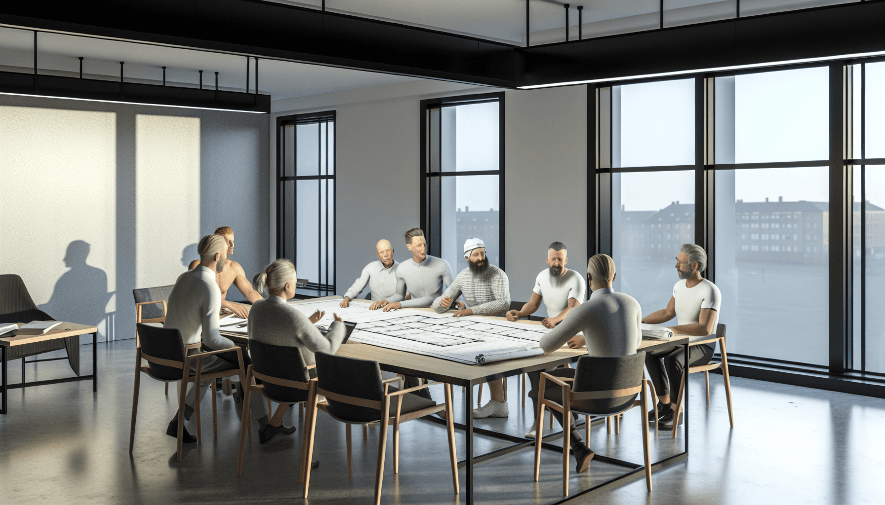 Håndværkere i møde omkring byggeplaner