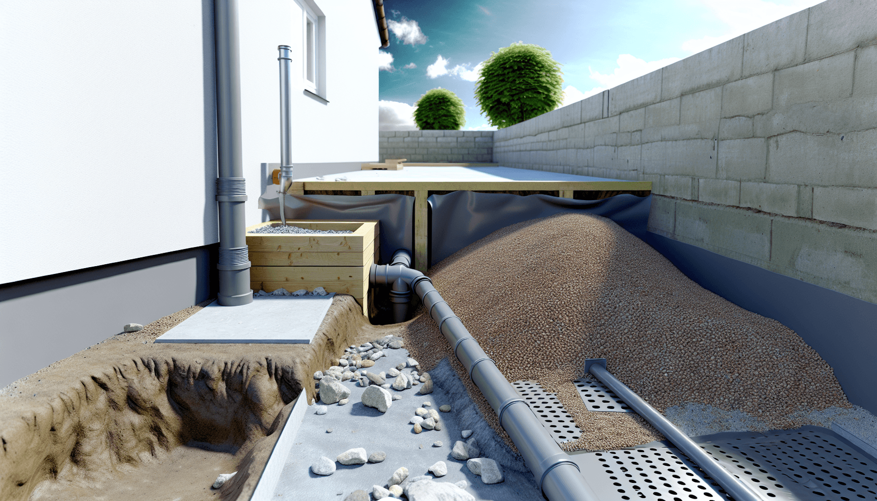 Kældervæg under dræninstallation