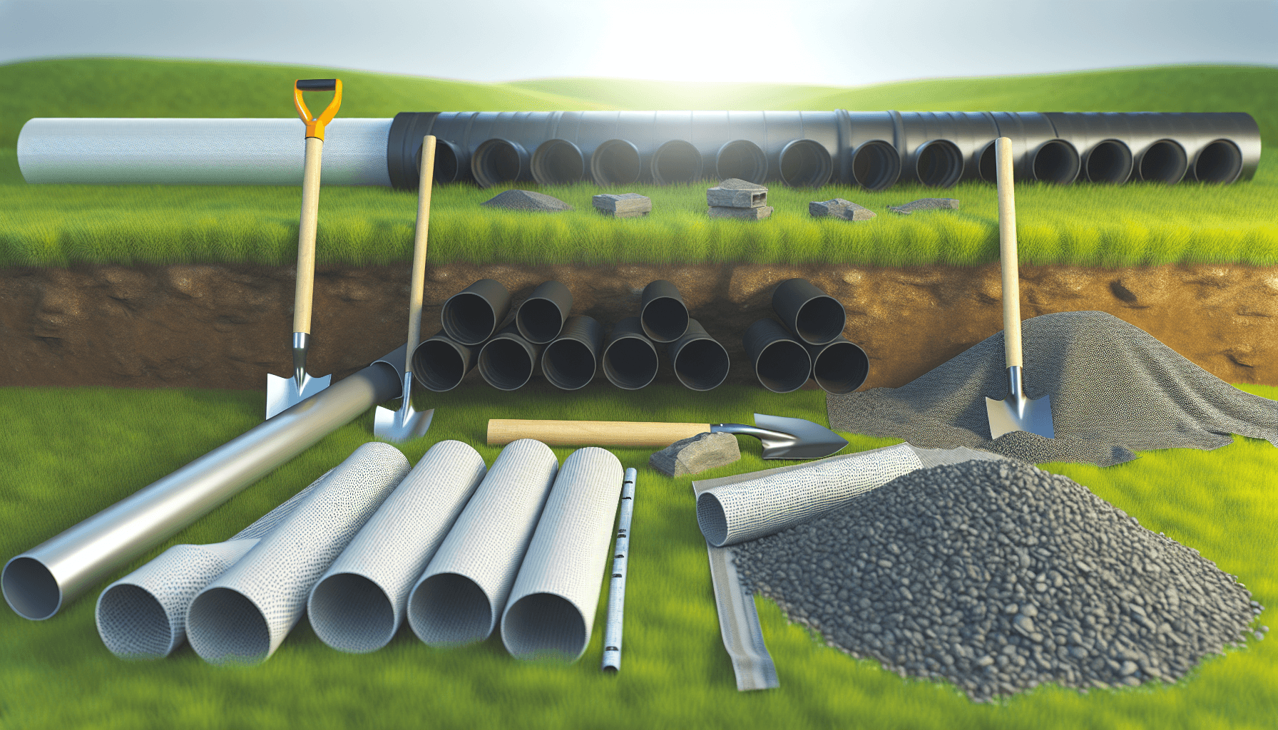 Drænmateriale og værktøj klar til installation