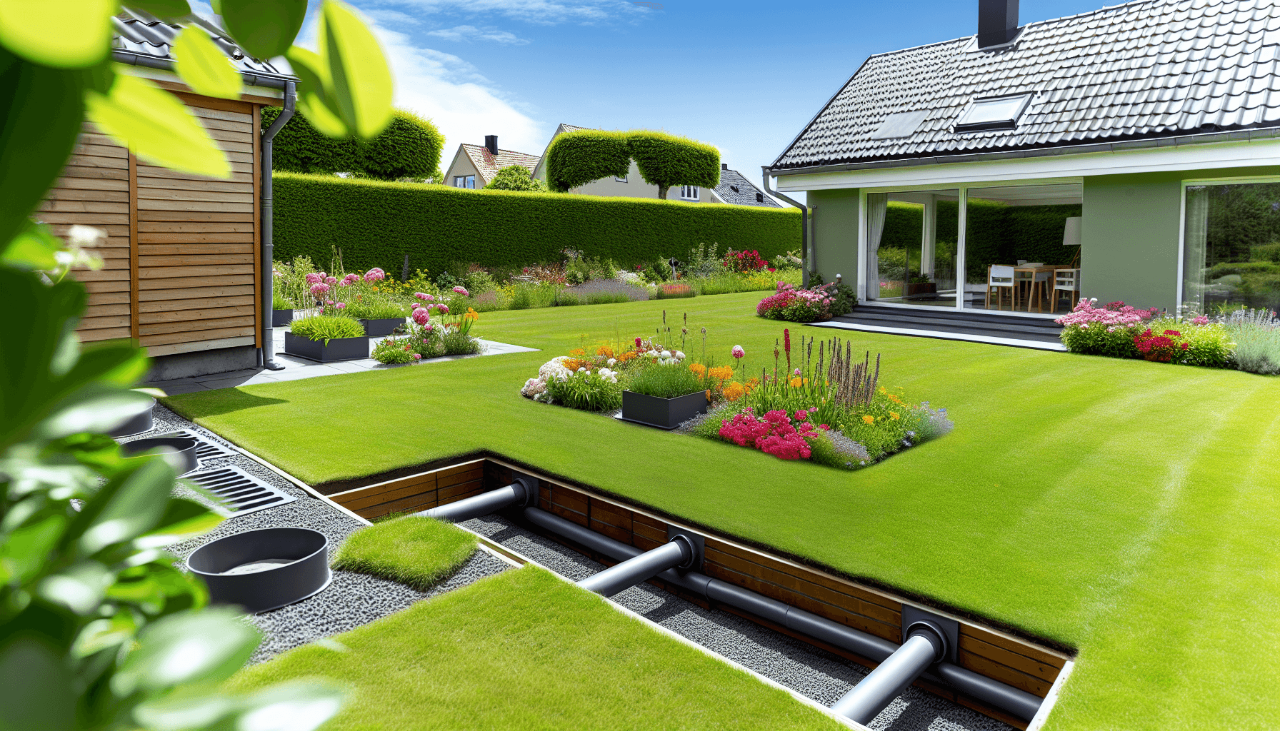 Færdigt drænanlæg med velplejet have