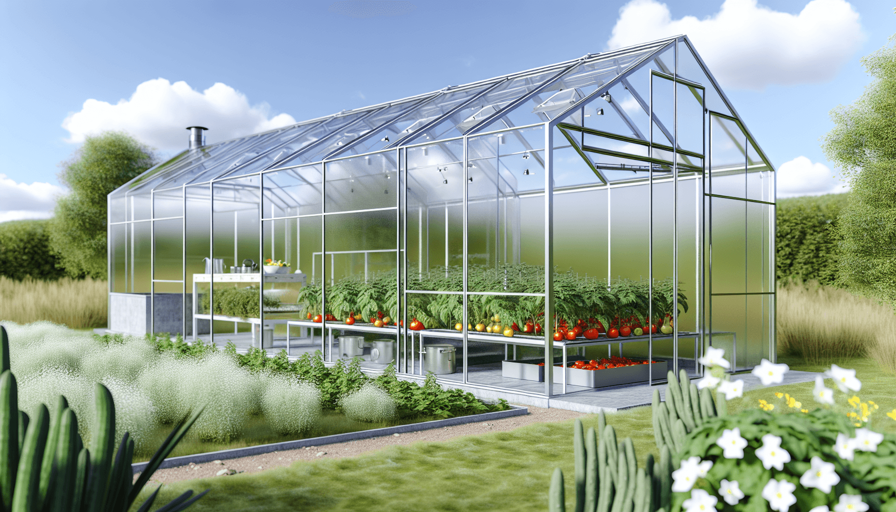 Moderne glasdrivhus i dansk have med tomater og agurker