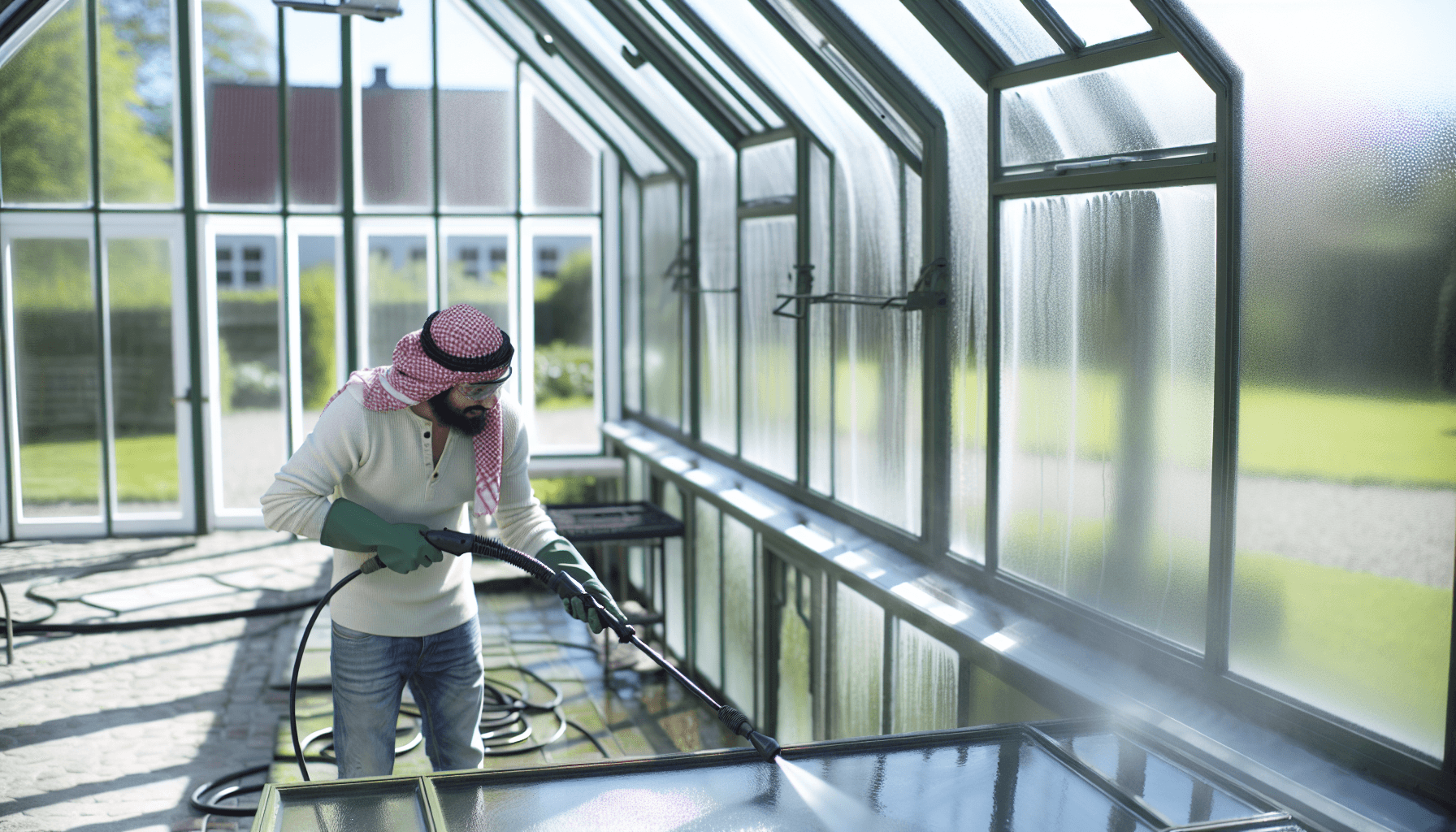 Person rengør drivhusglas med højtryksrenser